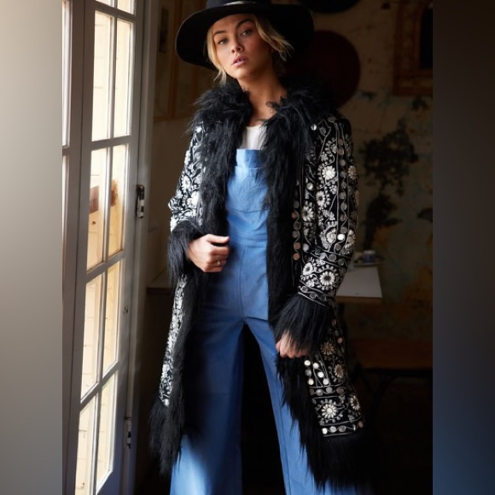 Talisman Embellished Coachella Boho Coat w/ Faux Fur Trim, Size Extra Large - Picture 2 of 10
